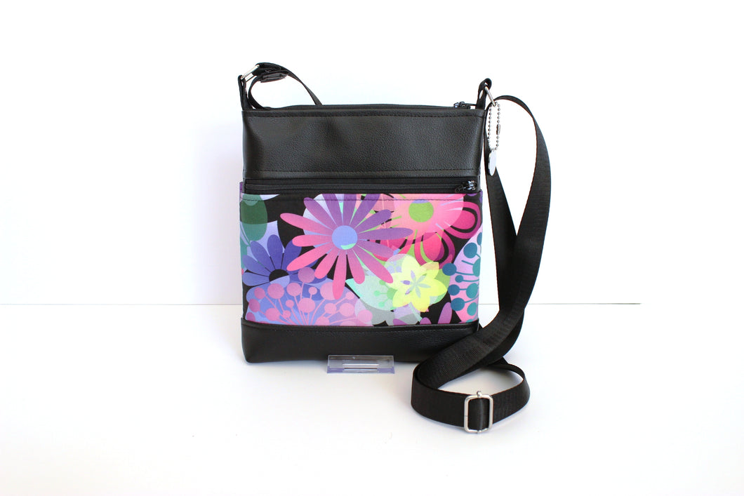 Black vegan leather small crossbody bag – pink purple flowers zip top