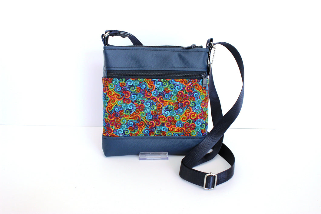 Blue vegan leather small crossbody bag - rainbow swirl fabric purse