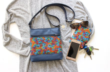 Load image into Gallery viewer, Blue vegan leather small crossbody bag - rainbow swirl fabric purse
