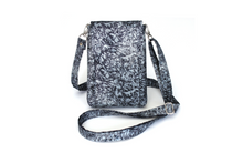 Load image into Gallery viewer, Crossbody phone purse - gray and black fabric with metallic silver

