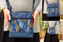 Load image into Gallery viewer, Blue faux vegan leather and fabric small crossbody purse for women
