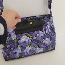 Load and play video in Gallery viewer, Purple floral fabric crossbody bag for women, womens adjustable cross body purse / crossover / shoulder bag, handbag, birthday gift for mom
