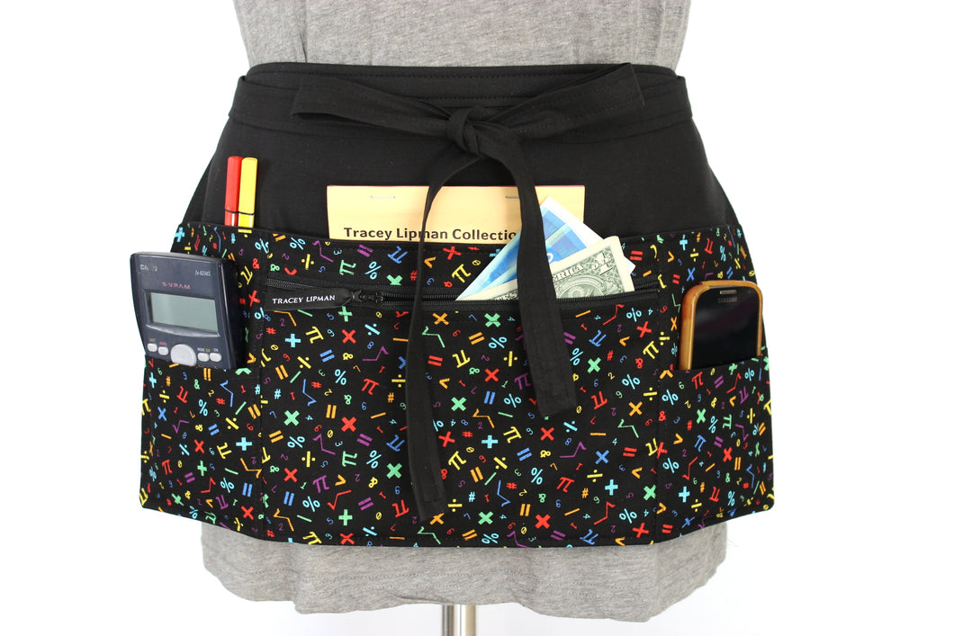 Pocket apron for maths teacher - Math symbols half apron with zipper