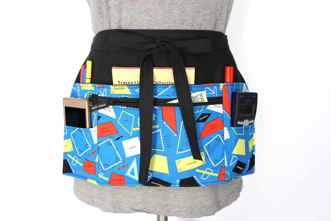 Geometry maths teacher apron with pockets - half apron with zip pocket