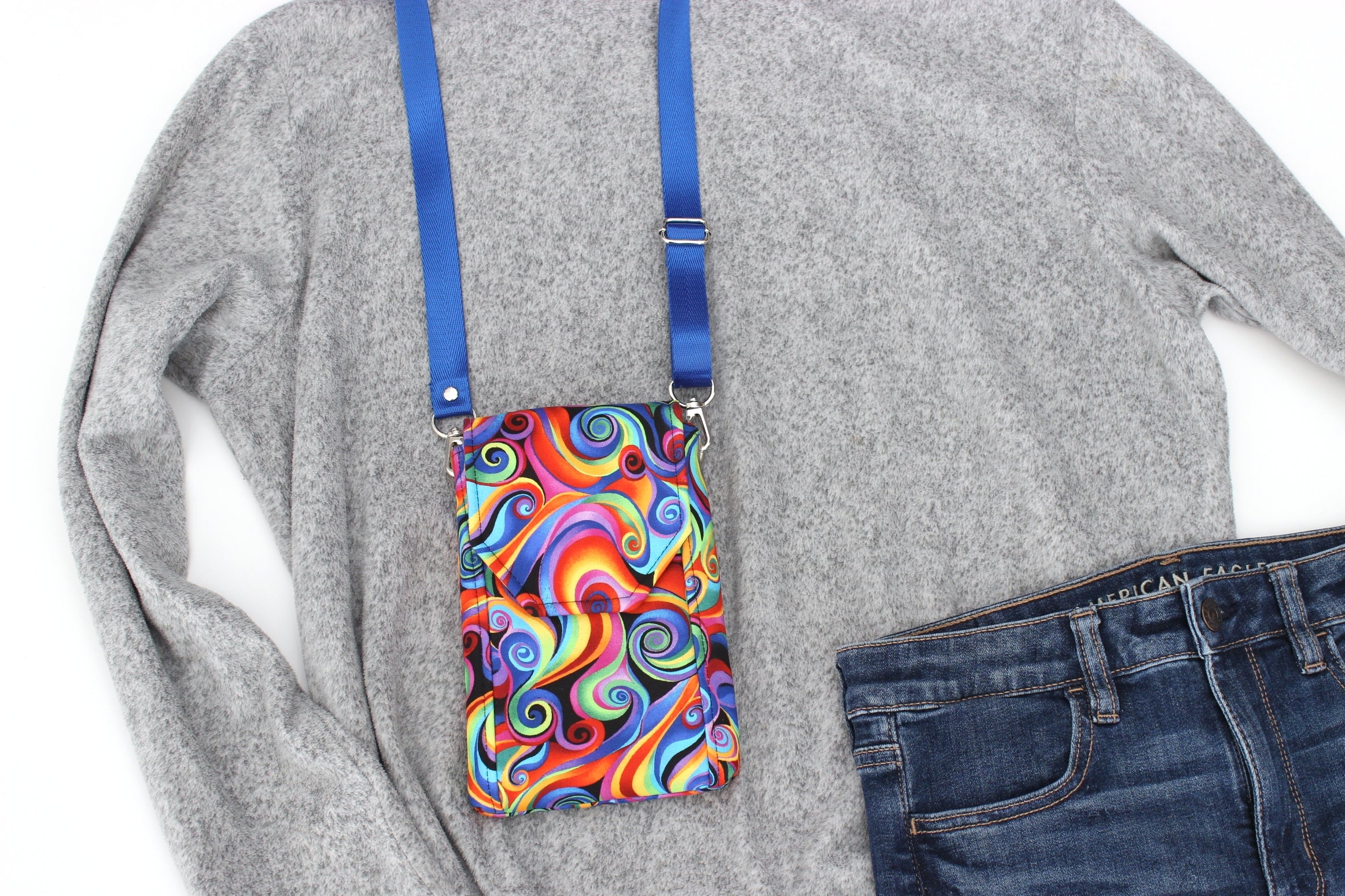 Cross body cell phone purse - colorful spiral shell fabric phone bag