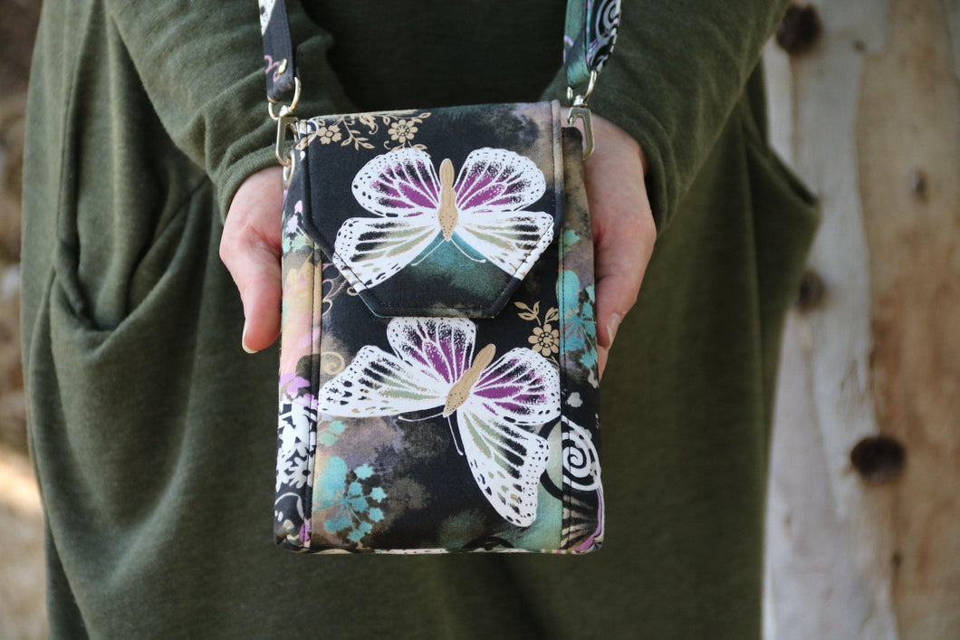 Phone bag with pockets for small everyday carry - butterfly fabric - Tracey Lipman