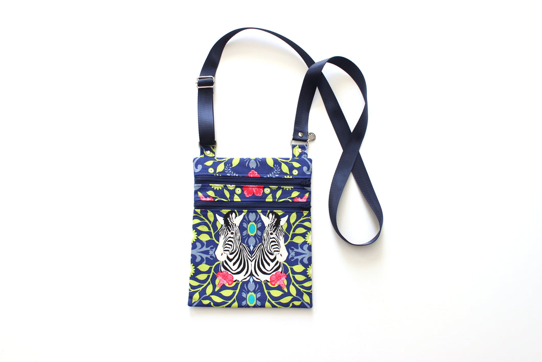 Small crossbody purse - double zipper slim phone bag - Zebra fabric