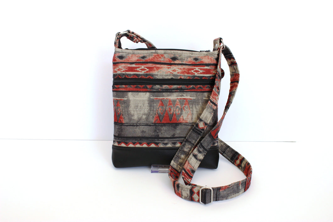 Red gray black canvas and vegan leather small crossbody bag for women