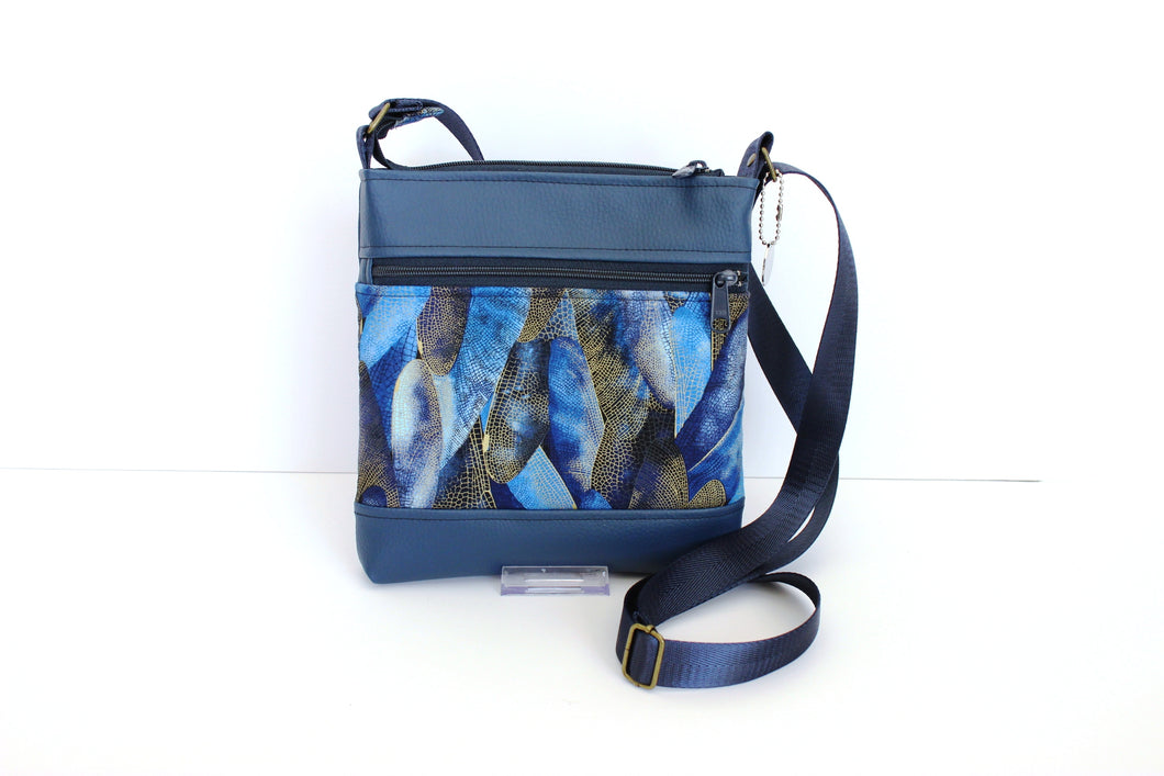 Blue faux vegan leather and fabric small crossbody purse for women