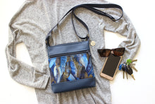 Load image into Gallery viewer, Blue faux vegan leather and fabric small crossbody purse for women
