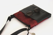 Load image into Gallery viewer, Dark red velvet and black vegan leather small crossbody bag for women
