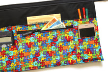 Load image into Gallery viewer, Autism awareness puzzle six pocket teacher apron with zipper pocket - Tracey Lipman
