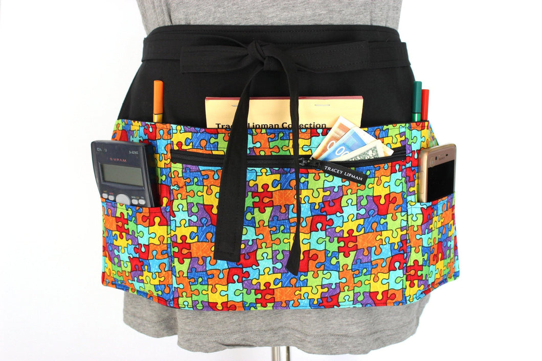 Autism awareness puzzle six pocket teacher apron with zipper pocket - Tracey Lipman