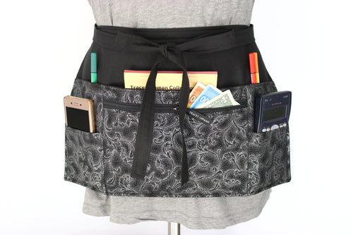 Black half apron with pockets - zipper pocket utility apron for women - Tracey Lipman