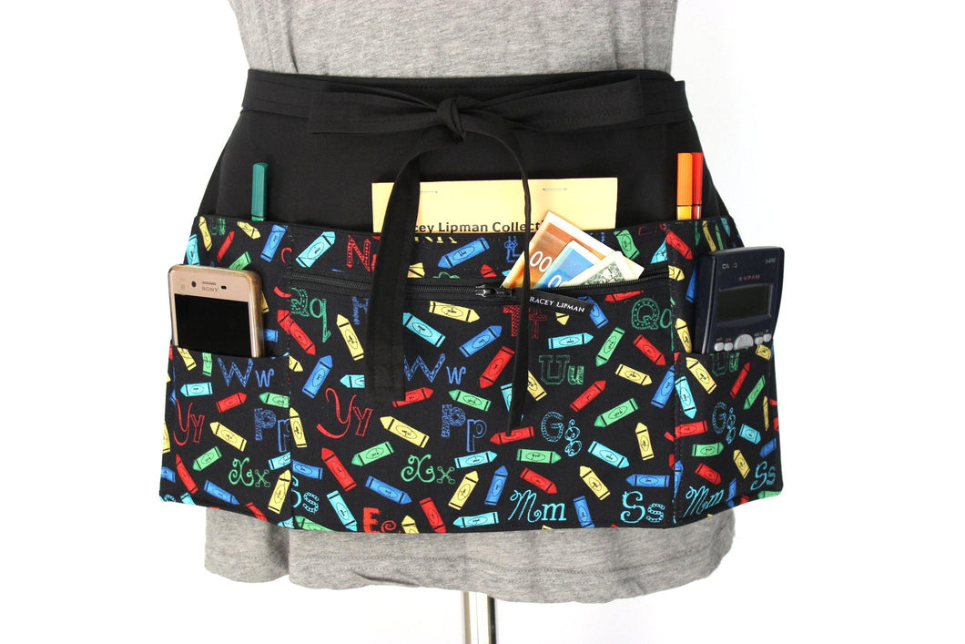 Alphabet teacher apron with pockets - half apron with zipper pocket - Tracey Lipman