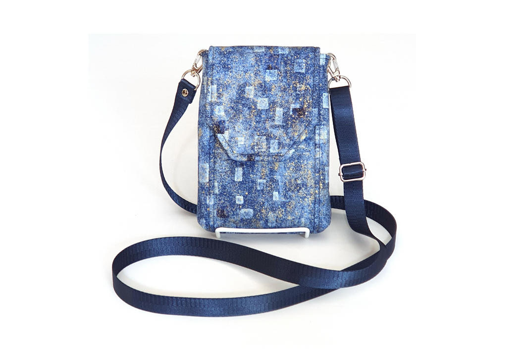 Blue fabric cell phone bag with pockets - minimalist crossbody purse