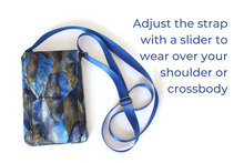 Load image into Gallery viewer, Small crossbody cell phone bag - blue and metallic gold fabric
