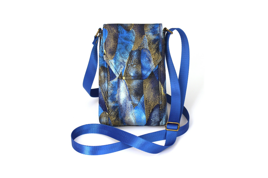 Small crossbody cell phone bag - blue and metallic gold fabric