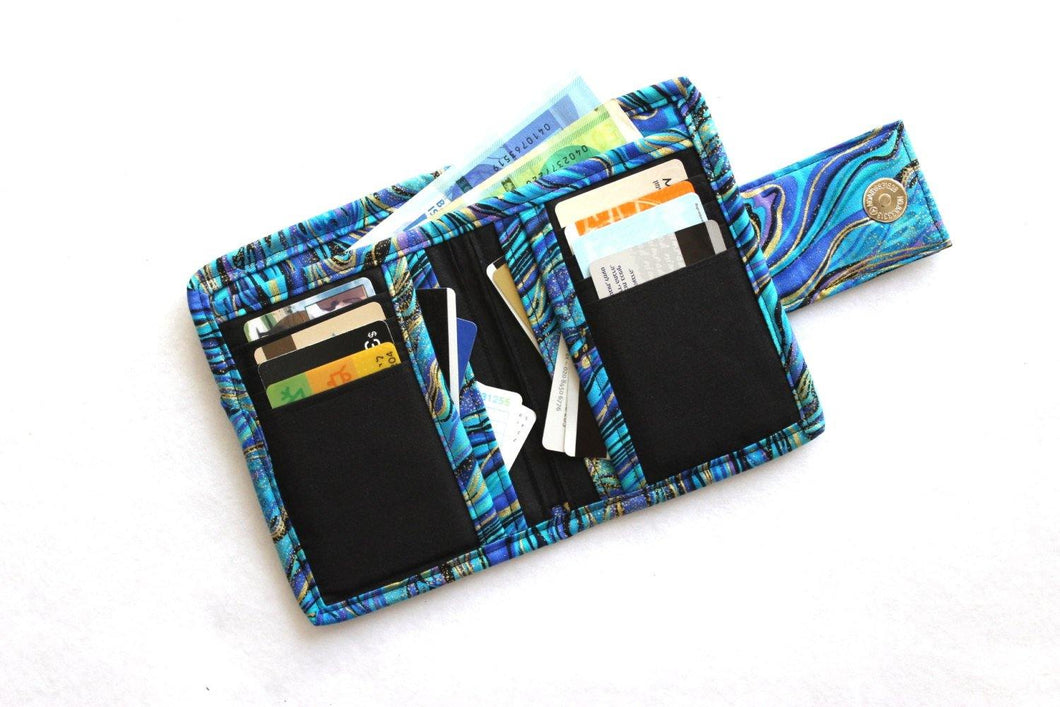 Wallet for women, blue purple marble fabric card holder wallet, handmade billfold vegan wallet, bifold cash wallet, credit card holder