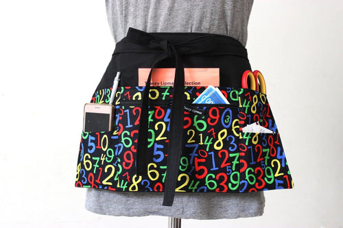 maths teacher apron with pockets - preschool apron with zipper pocket - number print half apron - maths teacher appreciation gift -