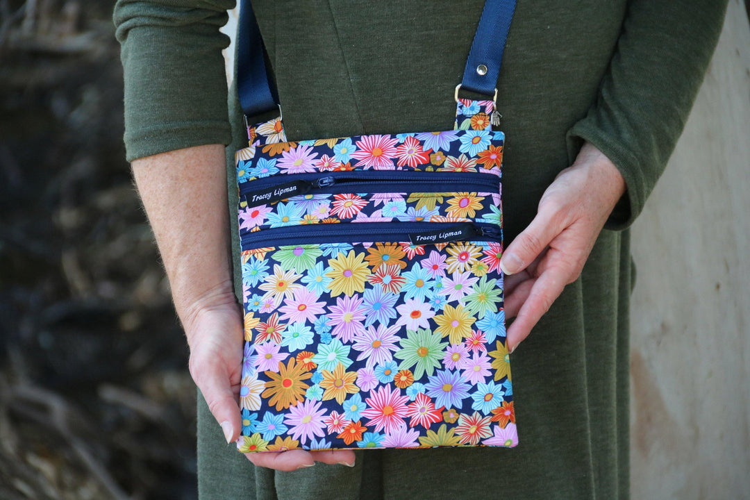 Small crossbody purse - double zipper phone bag - floral fabric