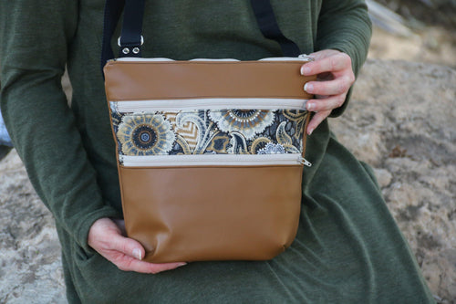 brown vegan leather crossbody bag for women, faux leather cross body handbag, cross over purse with zipper, vegan purse, fabric shoulder bag