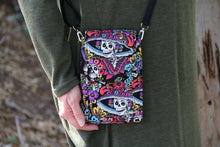 Load image into Gallery viewer, small crossbody bag, Day of the Dead Calavera girl phone bag, sugar skulls cell phone purse, skull crossbody phone case with pockets for edc
