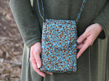 Load image into Gallery viewer, cell phone pouch, mobile phone bag, teal brown fabric cell phone purse crossbody phone case, small cross body purse, grab n go bag vegan
