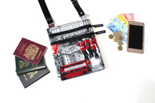 Load image into Gallery viewer, Small travel bag passport holder, London print fabric crossbody bag for women, teens, kids travel wallet, English, British UK Travel Gift
