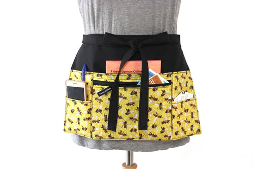 vendor apron with pockets - bee print pocket apron - honeybees farmers market apron - waist apron with zipper pocket - half apron - bee gift