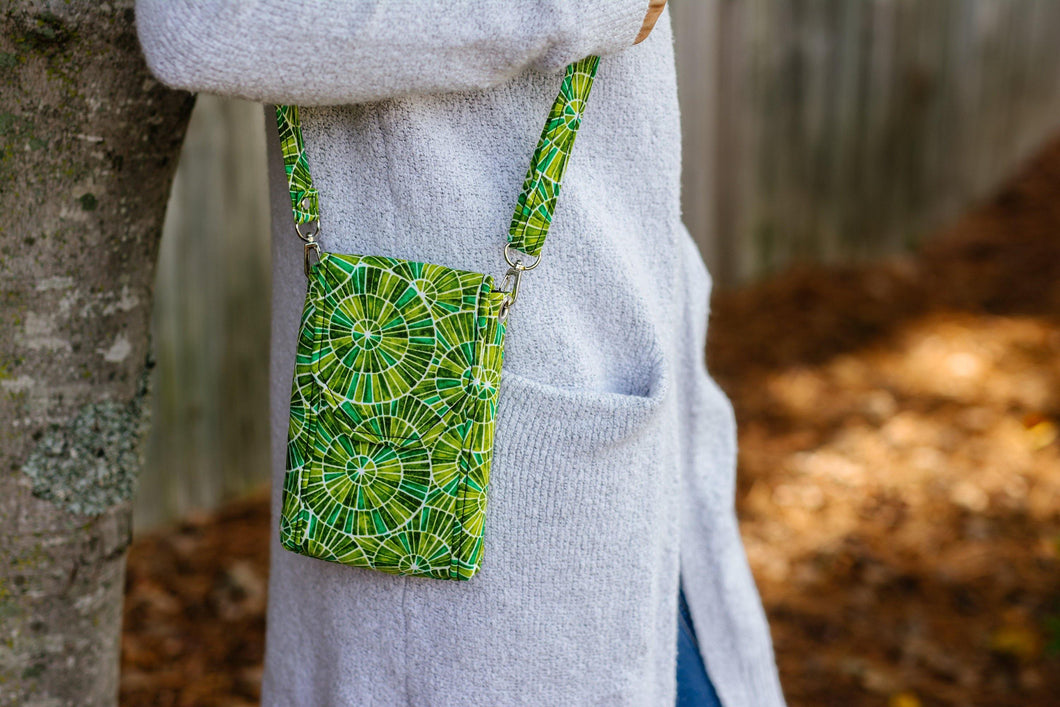 cell phone crossbody bag for women, green fabric vegan phone bag, mini messenger bag, grab and go bag for everyday carry small essentials