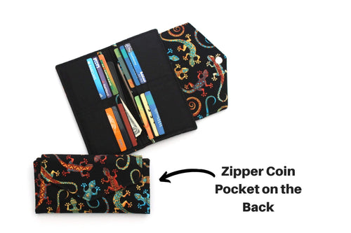Gecko Fabric Long Wallet for Women - Clutch Wallet - Card and Coin Wallet - Check Book Holder - Vegan Bifold Wallet with zipper coin pocket