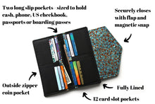 Load image into Gallery viewer, slim wallet for women, vegan teal fabric long wallet, phone wallet clutch, holds lots of cards and checkbook cover, zipper change pocket,
