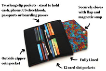 Load image into Gallery viewer, womens long wallet, fun colorful fabric organizer wallet for women, handmade slim wallet, phone wallet clutch, vegan card holder wallet
