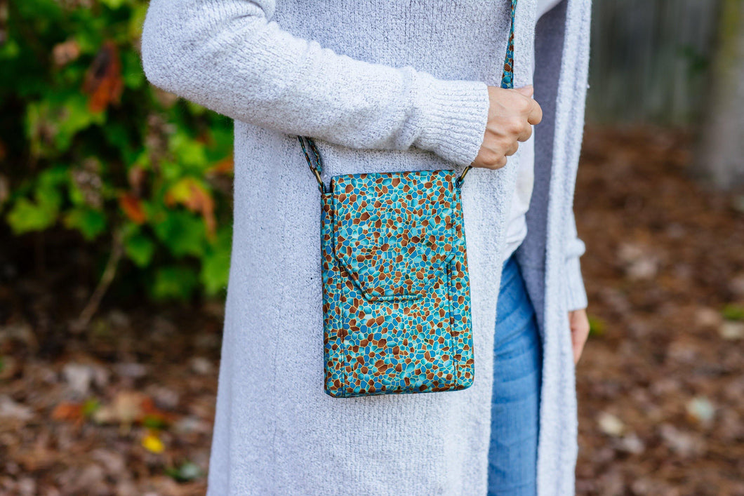 cell phone pouch, mobile phone bag, teal brown fabric cell phone purse crossbody phone case, small cross body purse, grab n go bag vegan