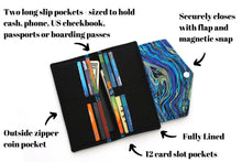 Load image into Gallery viewer, Fabric wallet for women, cell phone wallet, long wallet, slim wallet, large wallet with zipper change pocket, holds lots of cards, vegan
