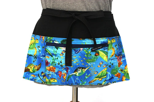 Teacher apron with pockets, vendor apron, waitress apron, server apron, half apron with zipper pocket, sea turtle ocean tropical coral reef