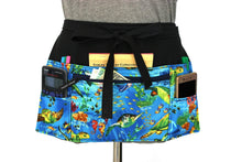 Load image into Gallery viewer, Teacher apron with pockets, vendor apron, waitress apron, server apron, half apron with zipper pocket, sea turtle ocean tropical coral reef
