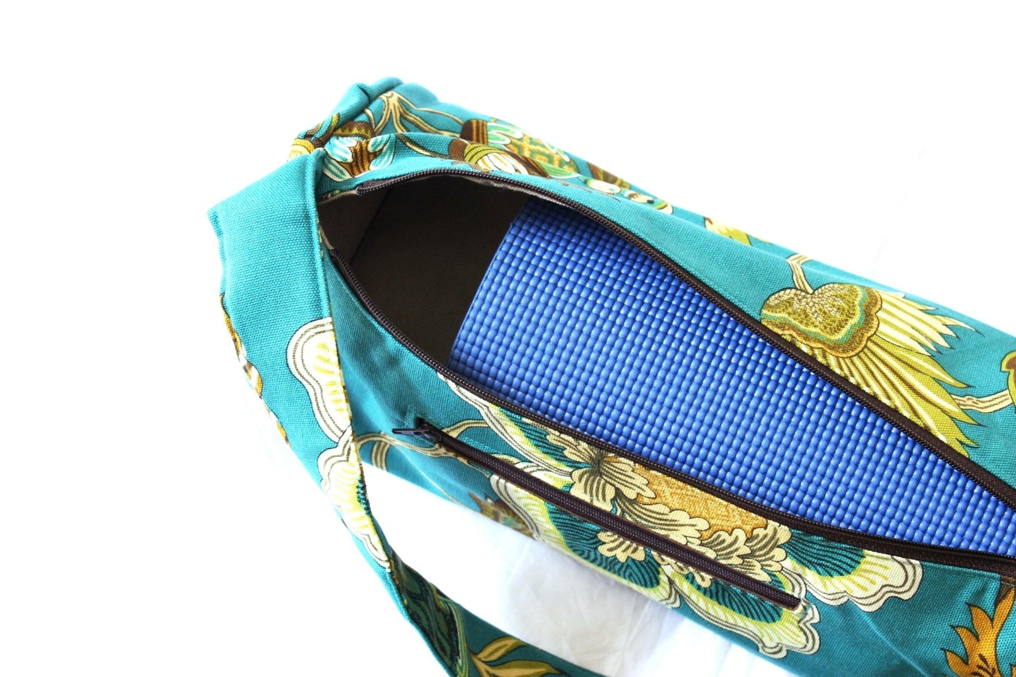 Handmade Yoga mat bag with zipper - teal floral fabric – Tracey Lipman