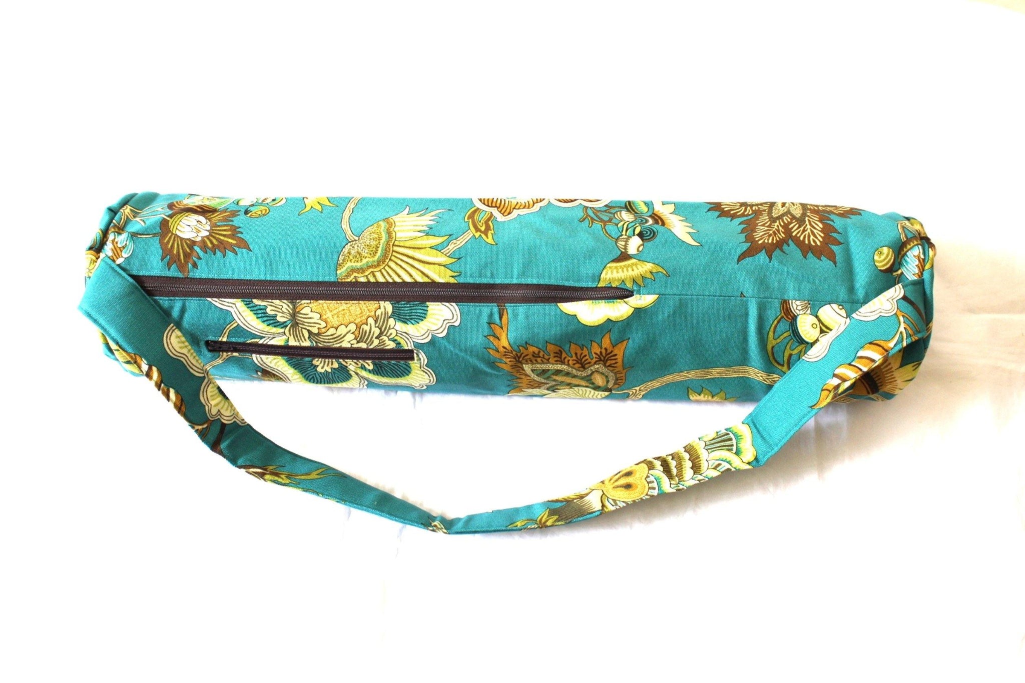 Handmade Yoga mat bag with zipper - teal floral fabric – Tracey Lipman