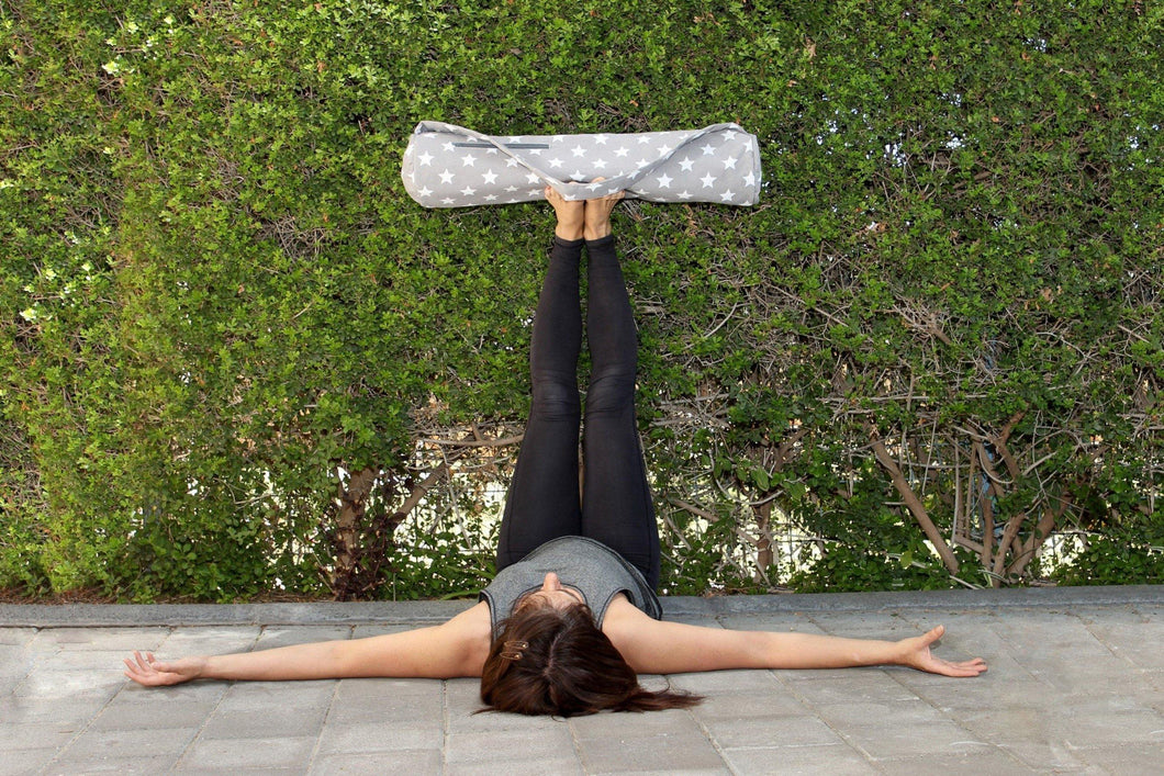Handmade Yoga mat holder with zipper, gray star yoga mat carrier, yoga mat bag for women, yoga tote, yoga gift for mom, gift for yoga lover