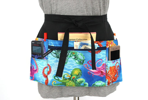 Teacher apron with pockets, octopus half apron with zipper pocket, waitress apron, server apron, waist apron, utility apron ocean nautical