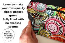 Load image into Gallery viewer, Apron pattern pdf, half apron with zipper pocket sewing tutorial, digital download teacher apron, vendor apron, waitress server waist apron
