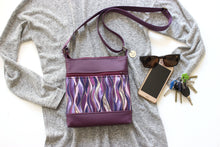 Load image into Gallery viewer, Purple vegan leather small crossbody bag for women, faux non leather and purple wave fabric, everyday casual crossover double zipper purse
