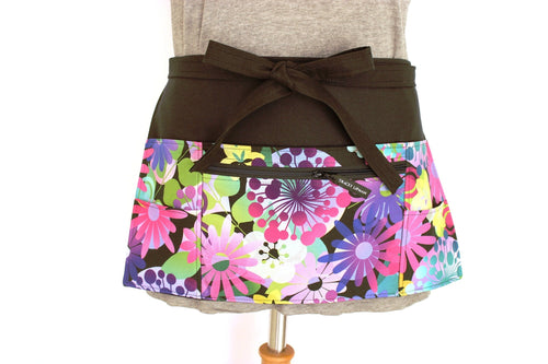 vendor apron with pockets, utility half apron with zipper pocket, 6 pocket teacher waist apron, money apron, abstract pink purple flowers