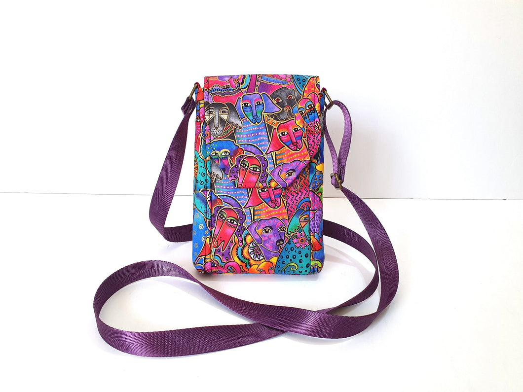 Crossbody phone bag for dog lovers, minimalist cell phone purse for dog mom, laurel burch dog fabric cell phone pouch, dog mum gift idea