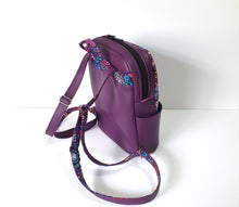Load image into Gallery viewer, Handmade purple vegan leather backpack, faux leather and cotton fabric backpack purse, mid sized vegan friendly backpack
