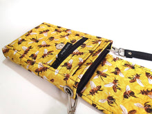 Load image into Gallery viewer, Bee fabric cell phone purse, bee gifts, minimalist small crossbody bag with phone pocket for bee lover, cell phone bag, beekeeper gift, bees
