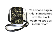 Load image into Gallery viewer, Cell phone purse - black fabric with metallic gold music design

