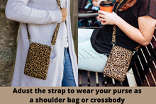 Load image into Gallery viewer, phone bag in leopard / cheetah print fabric - grab and go bag - Tracey Lipman
